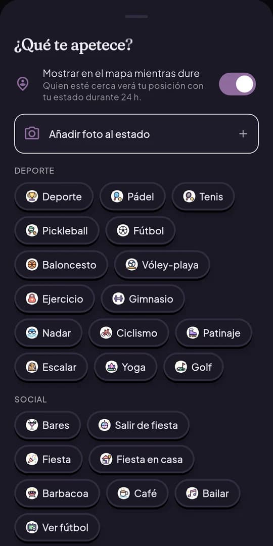 Pantalla «¿Qué te apetece?» con las actividades para elegir