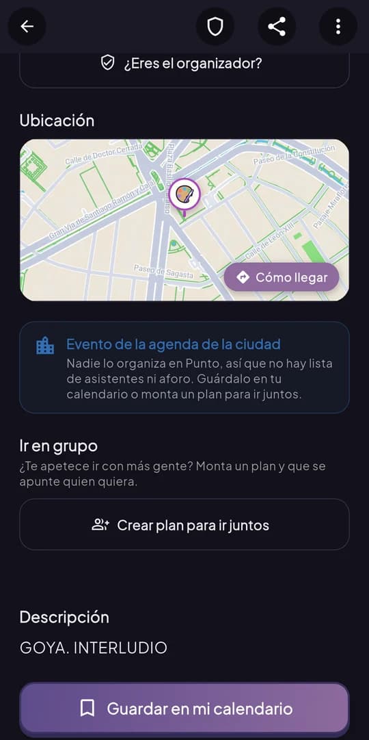 Ficha de un evento de la agenda de la ciudad con el botón «Crear plan para ir juntos»
