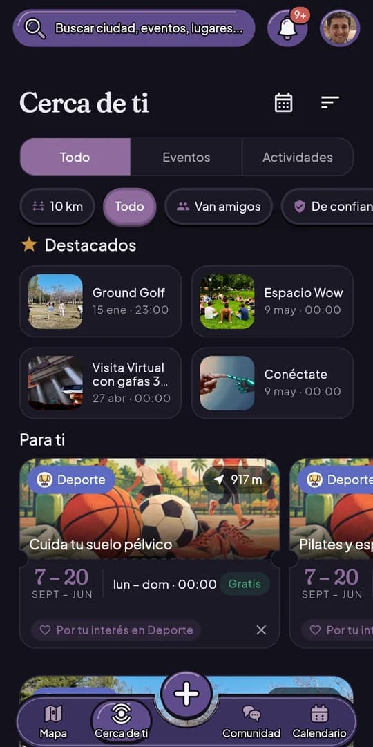 Pantalla «Cerca de ti» de la app: destacados y planes recomendados