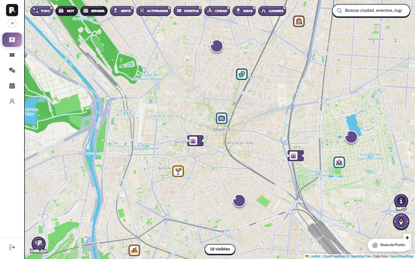 La web de Punto: el mapa con los planes cerca y la lista «Cerca de ti» al lado